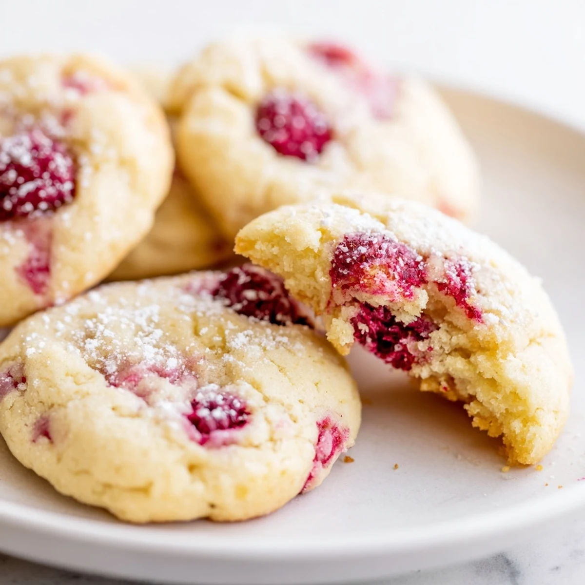 Soft Lemon Raspberry Cookies with golden edges and juicy berry pieces on a rustic baking sheet