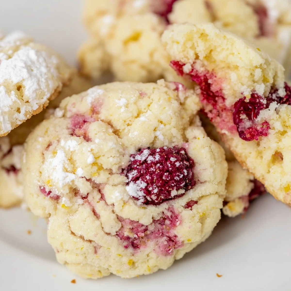 Fresh Lemon Raspberry Cookies arranged on a white plate with bright red fruit flecks throughout