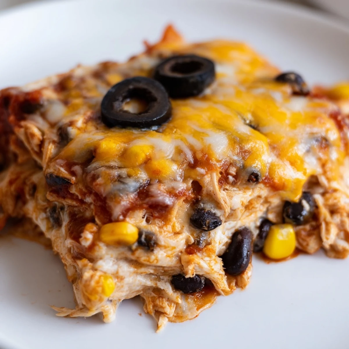 Golden bubbling Cheesy Shredded Chicken Enchilada Bake with melted cheese and garnished with cilantro