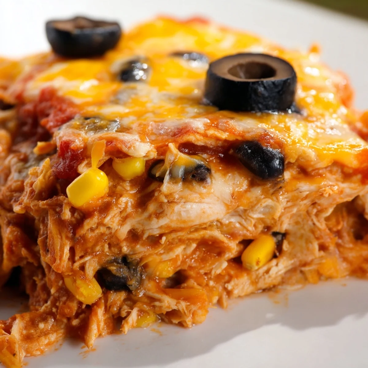 Warm Cheesy Shredded Chicken Enchilada Bake casserole served with sour cream and fresh lime wedges