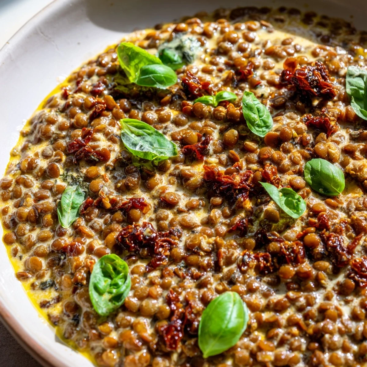 Creamy Marry Me Lentils swimming in rich sun-dried tomato sauce with fresh basil garnish