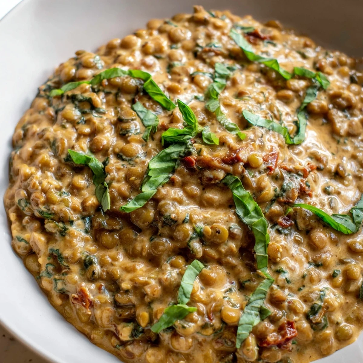Warm bowl of Marry Me Lentils topped with Parmesan and aromatic herbs