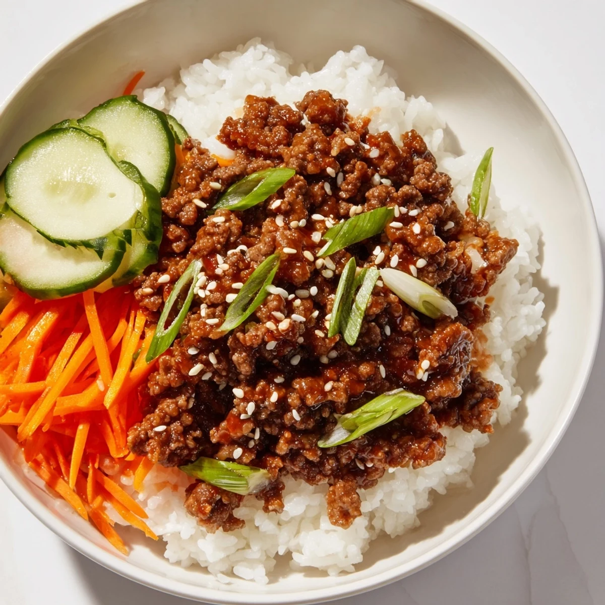 Korean beef bowls with caramelized ground beef and crisp vegetables over fluffy steamed white rice