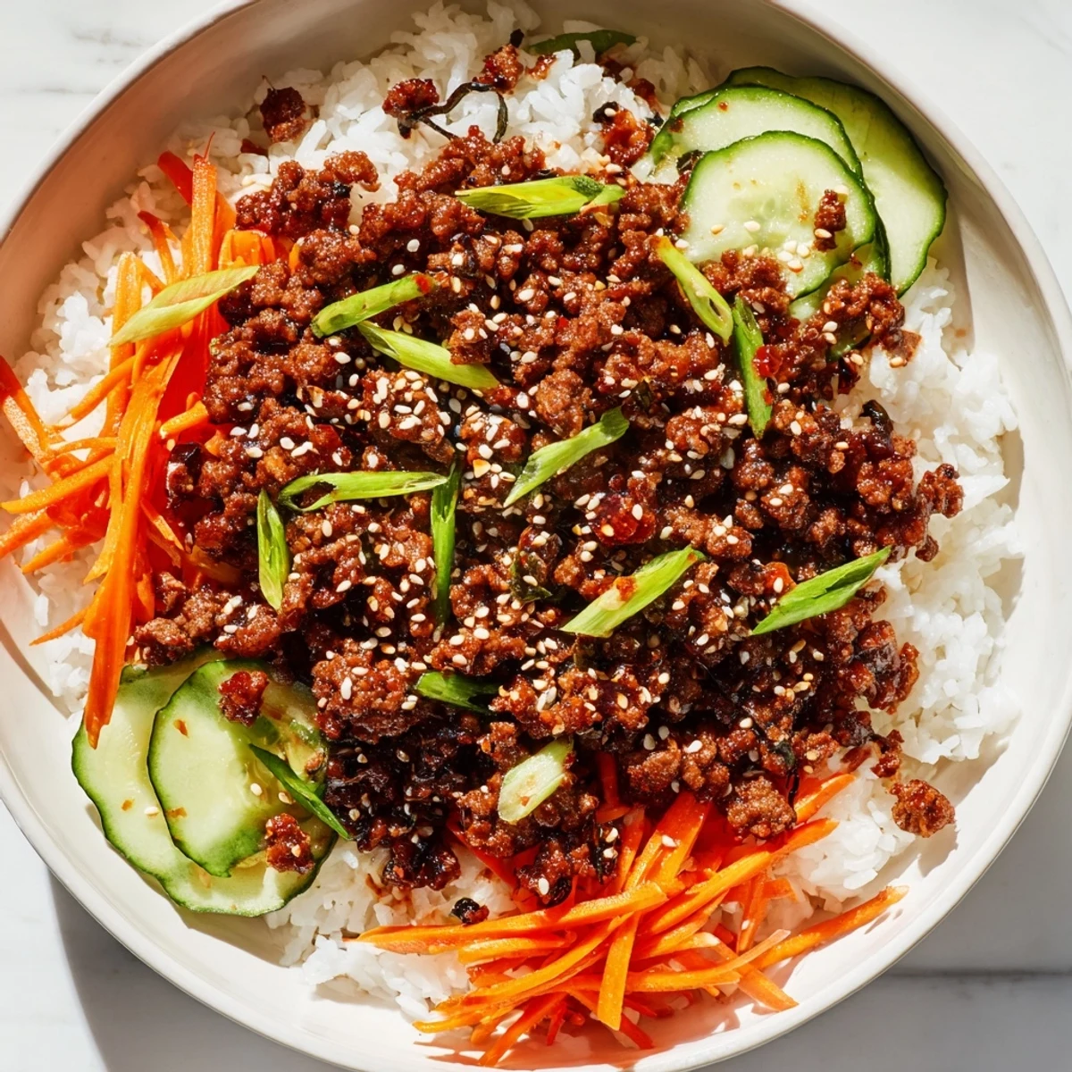 Savory Korean beef bowls topped with julienned carrots cucumber scallions and toasted sesame seeds
