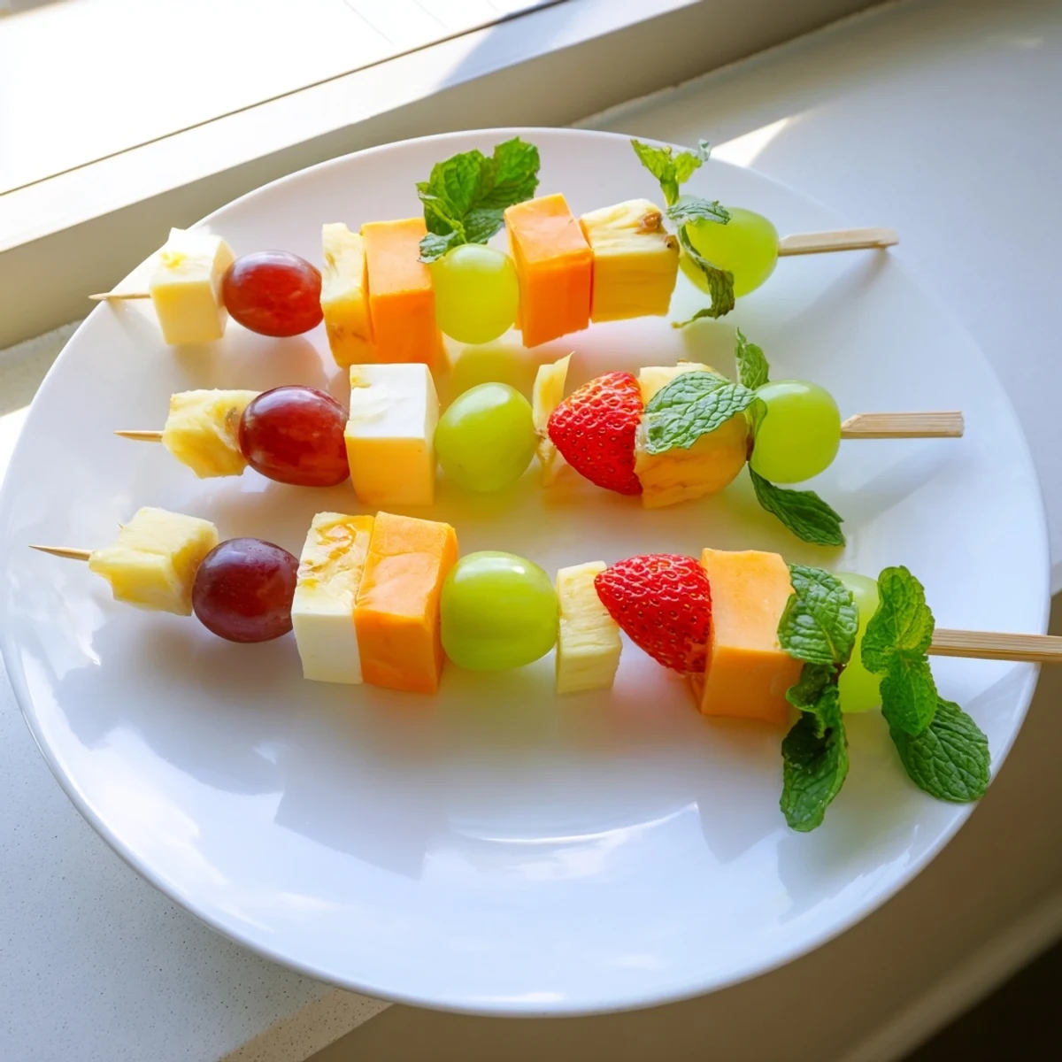 Colorful fruit and cheese kabobs arranged on a platter with grapes, strawberries, and cheddar cubes