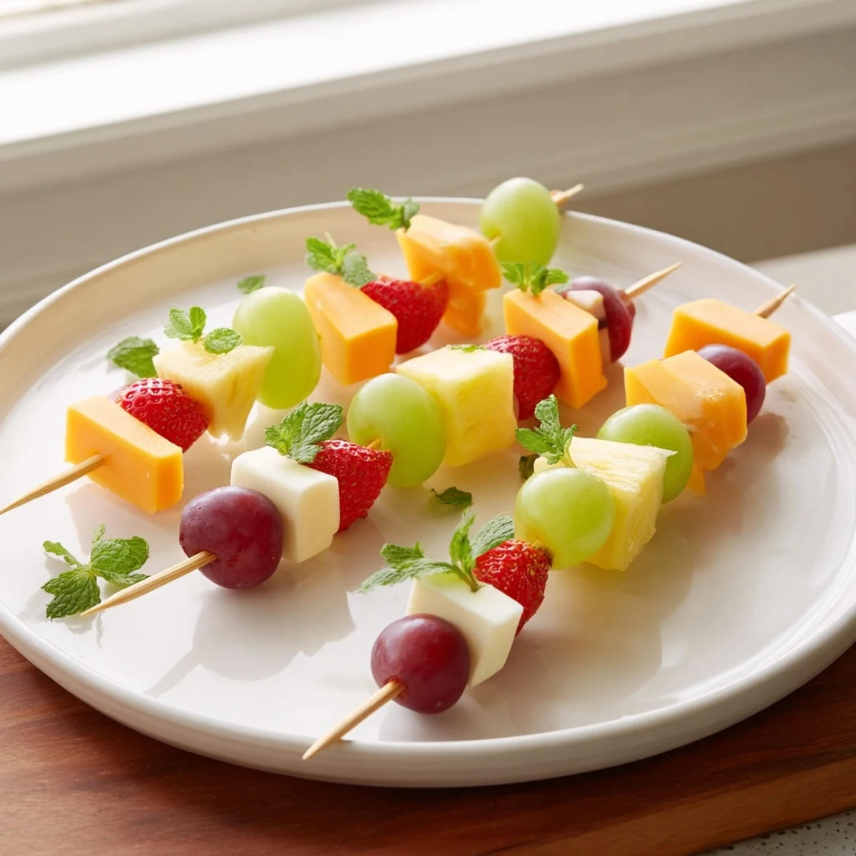 Fruit and cheese kabobs featuring alternating pineapple, berries, and creamy Monterey Jack on wooden skewers