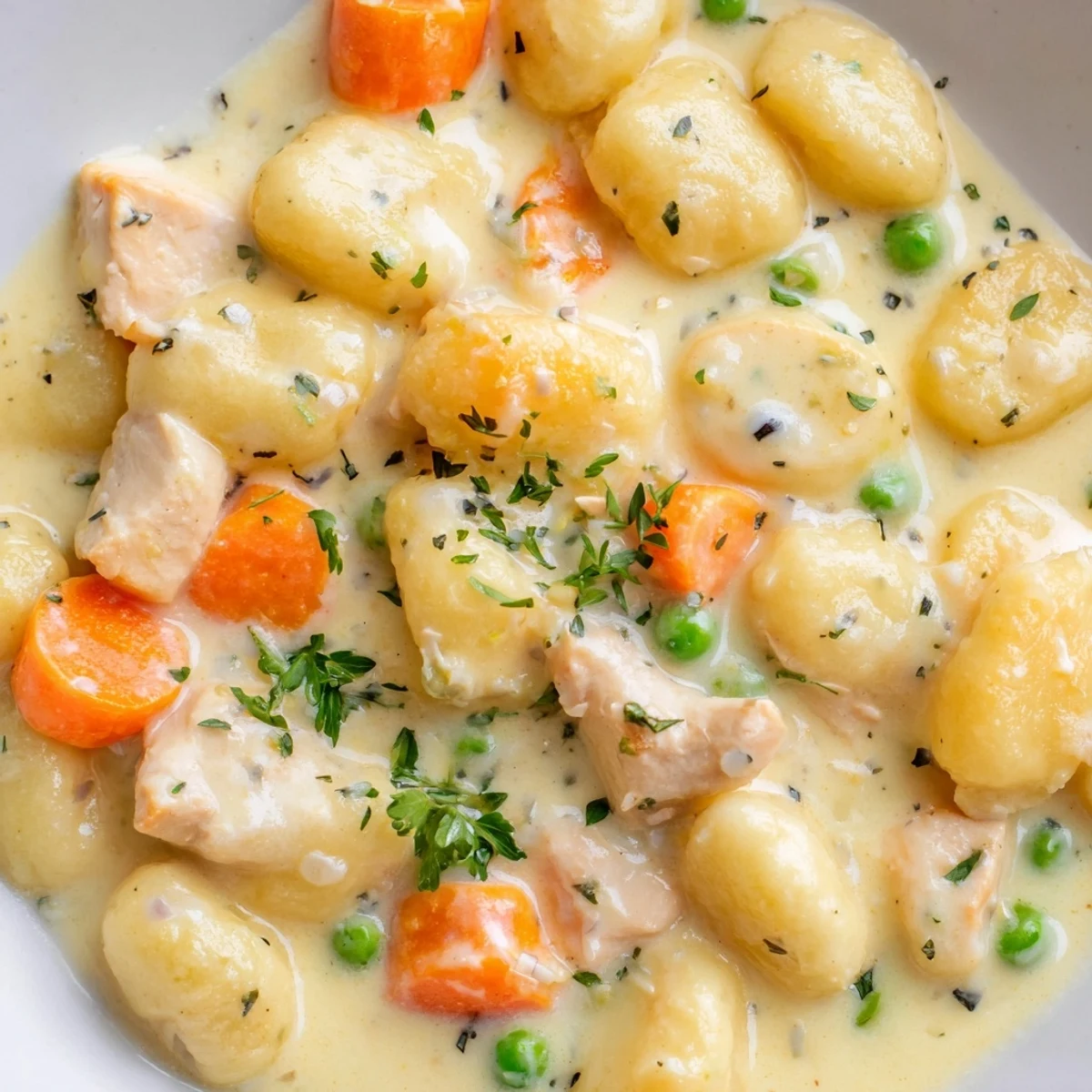 Creamy one pot gnocchi chicken pot pie in a rustic skillet with tender vegetables and golden sauce