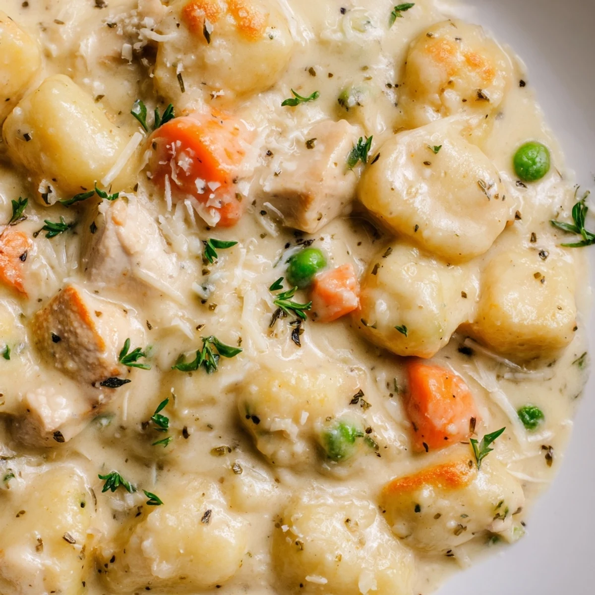 Steaming bowl of one pot gnocchi chicken pot pie topped with fresh parsley and parmesan