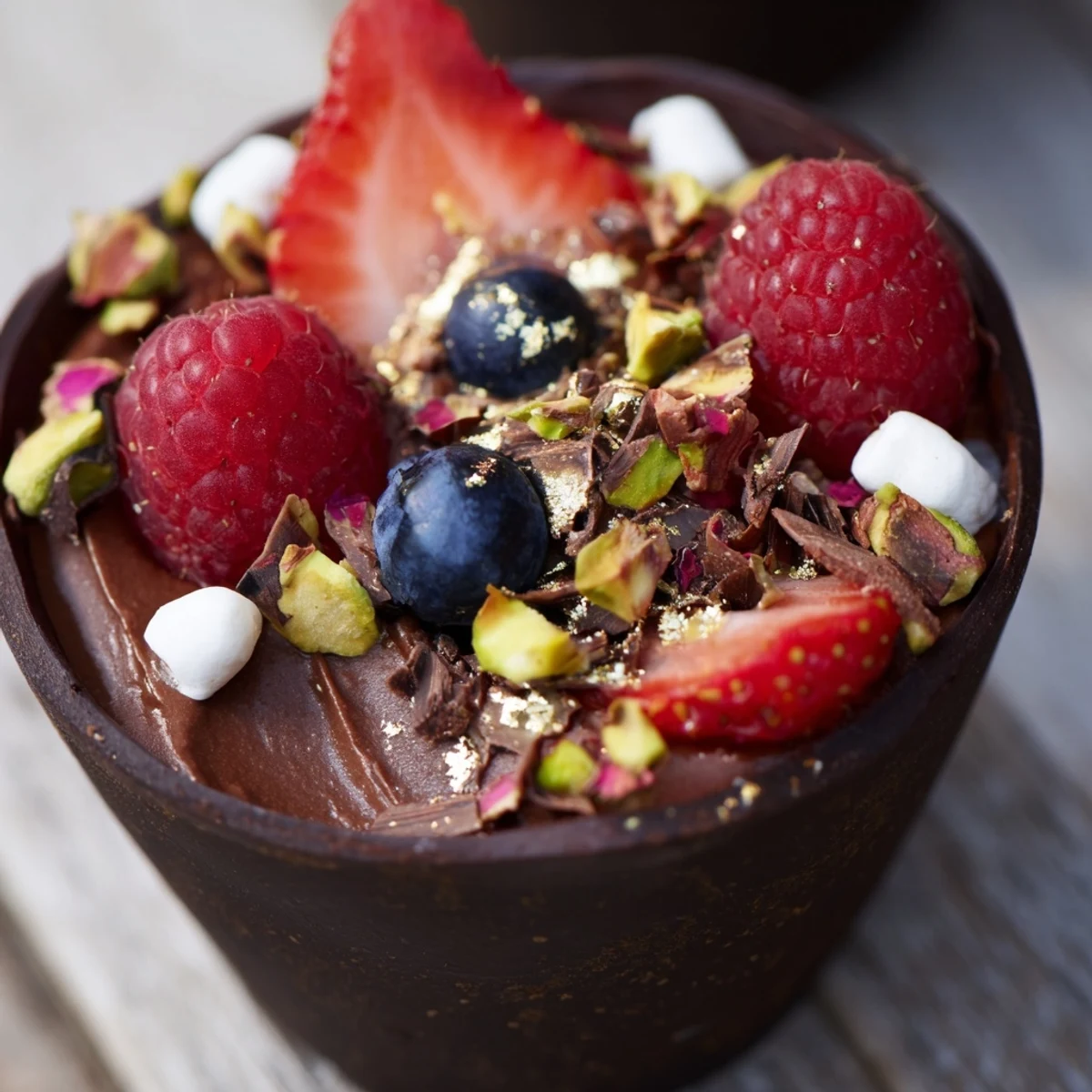 Chocolate grazing cups filled with silky mousse and topped with fresh berries