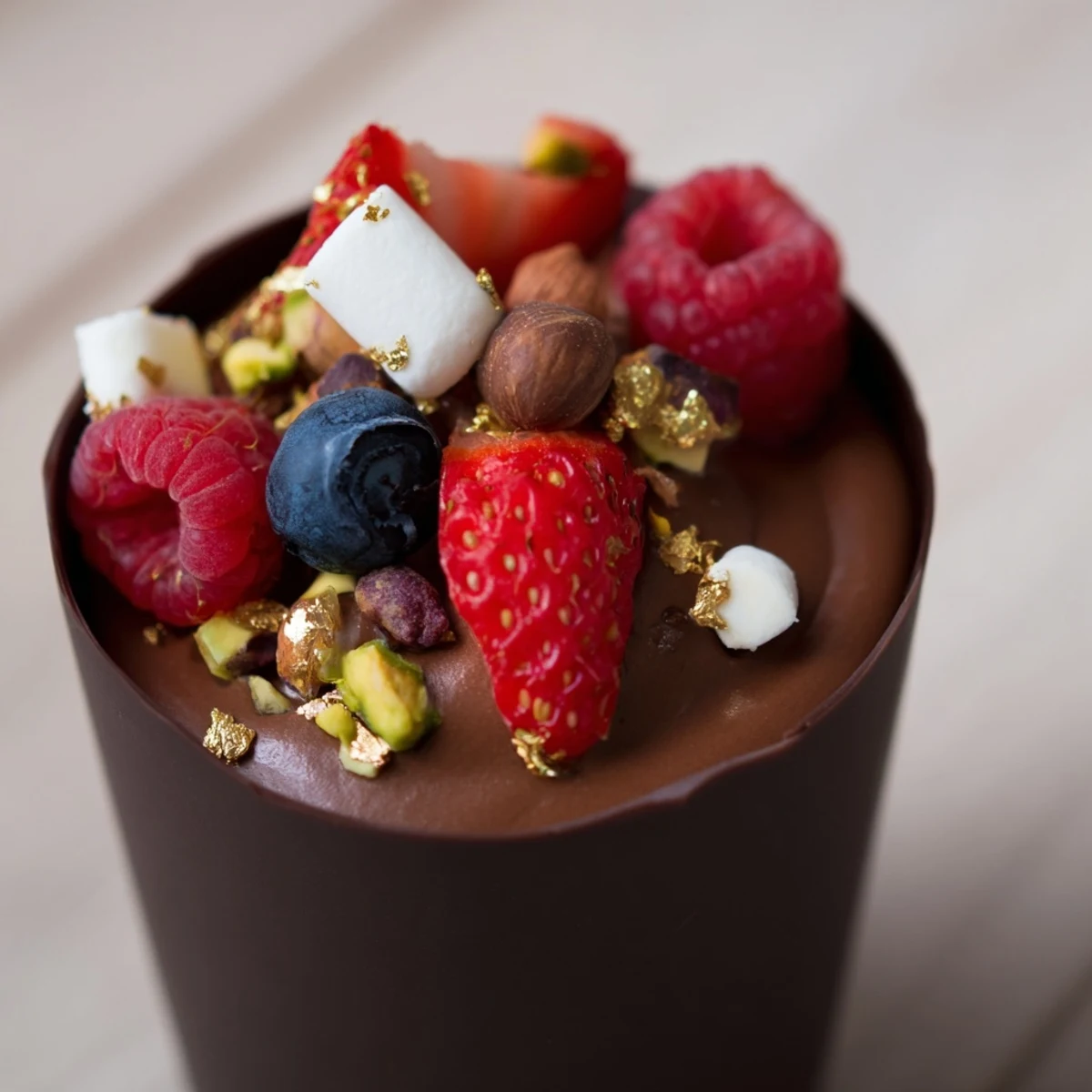 Decadent chocolate grazing cups served chilled with fluffy mousse and crunchy toppings