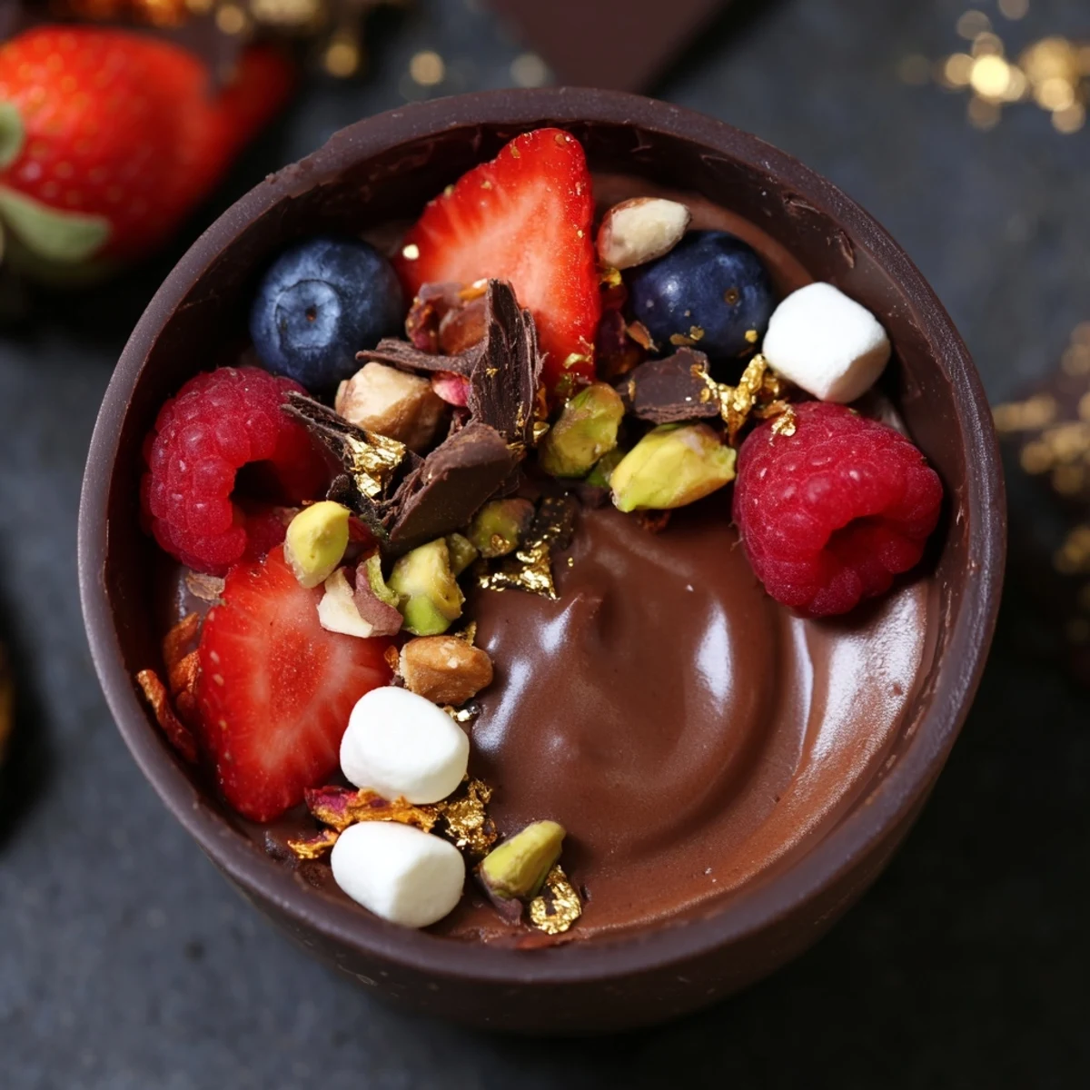 Elegant chocolate grazing cups garnished with mixed berries nuts and chocolate curls