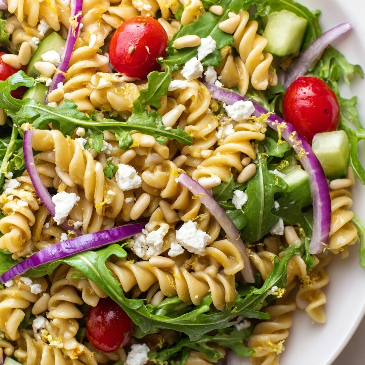 Fresh lemon arugula pasta salad tossed with cherry tomatoes and cucumber in bowl