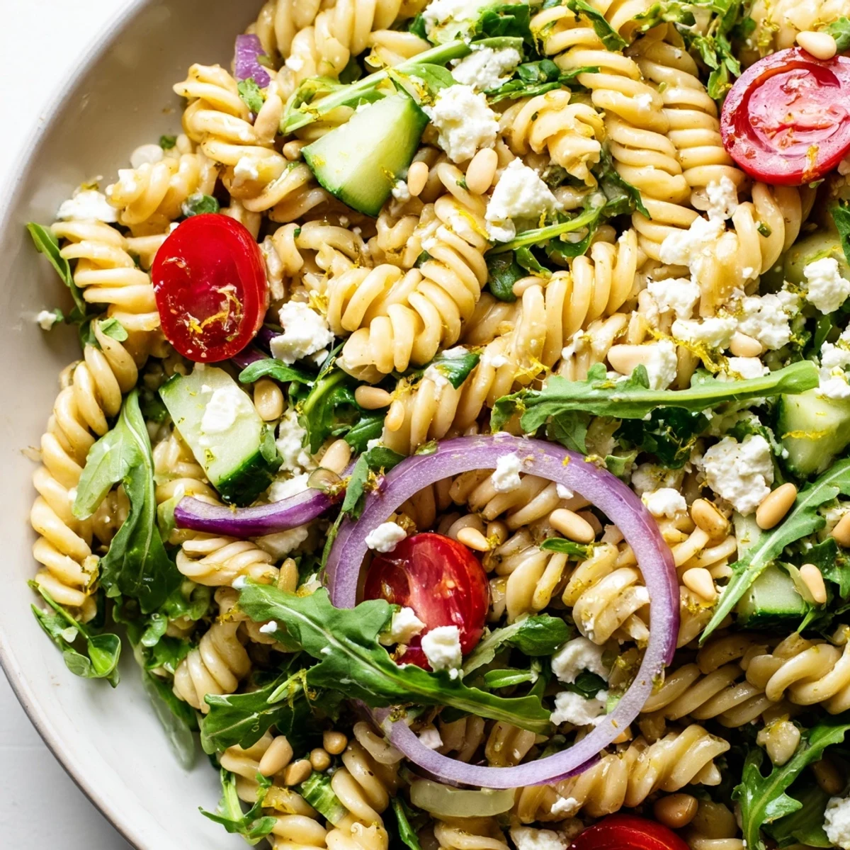 Quick lemon arugula pasta salad topped with crumbled feta and toasted pine nuts