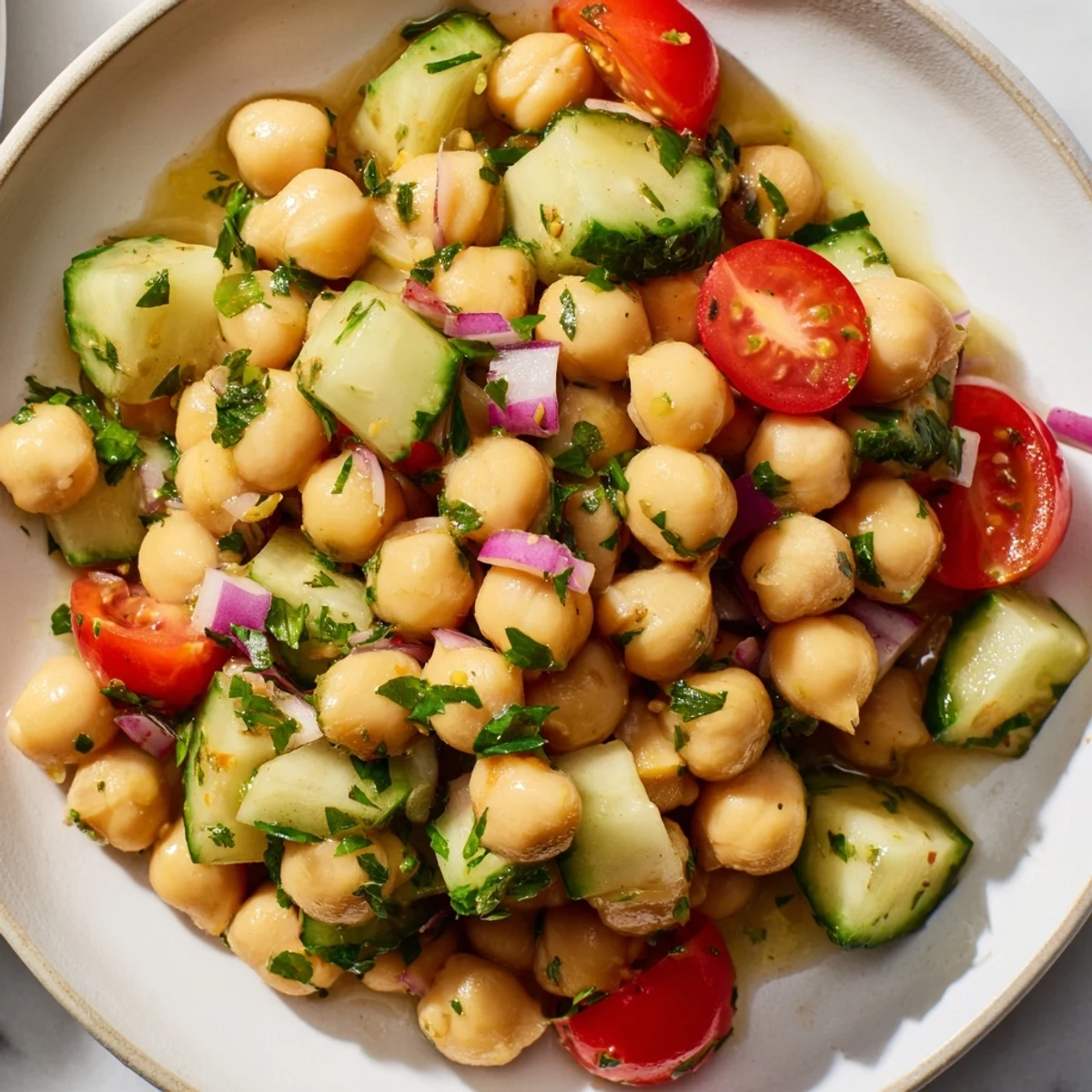 Bright chickpea cucumber salad in a white bowl with fresh herbs and lemon dressing