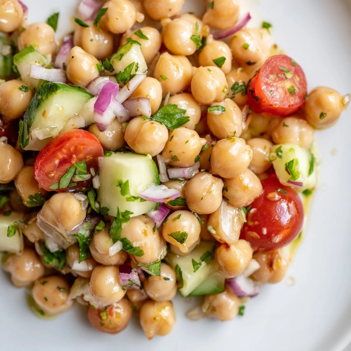 Crispy cucumber and chickpeas tossed with tomatoes in a zesty Mediterranean-style salad