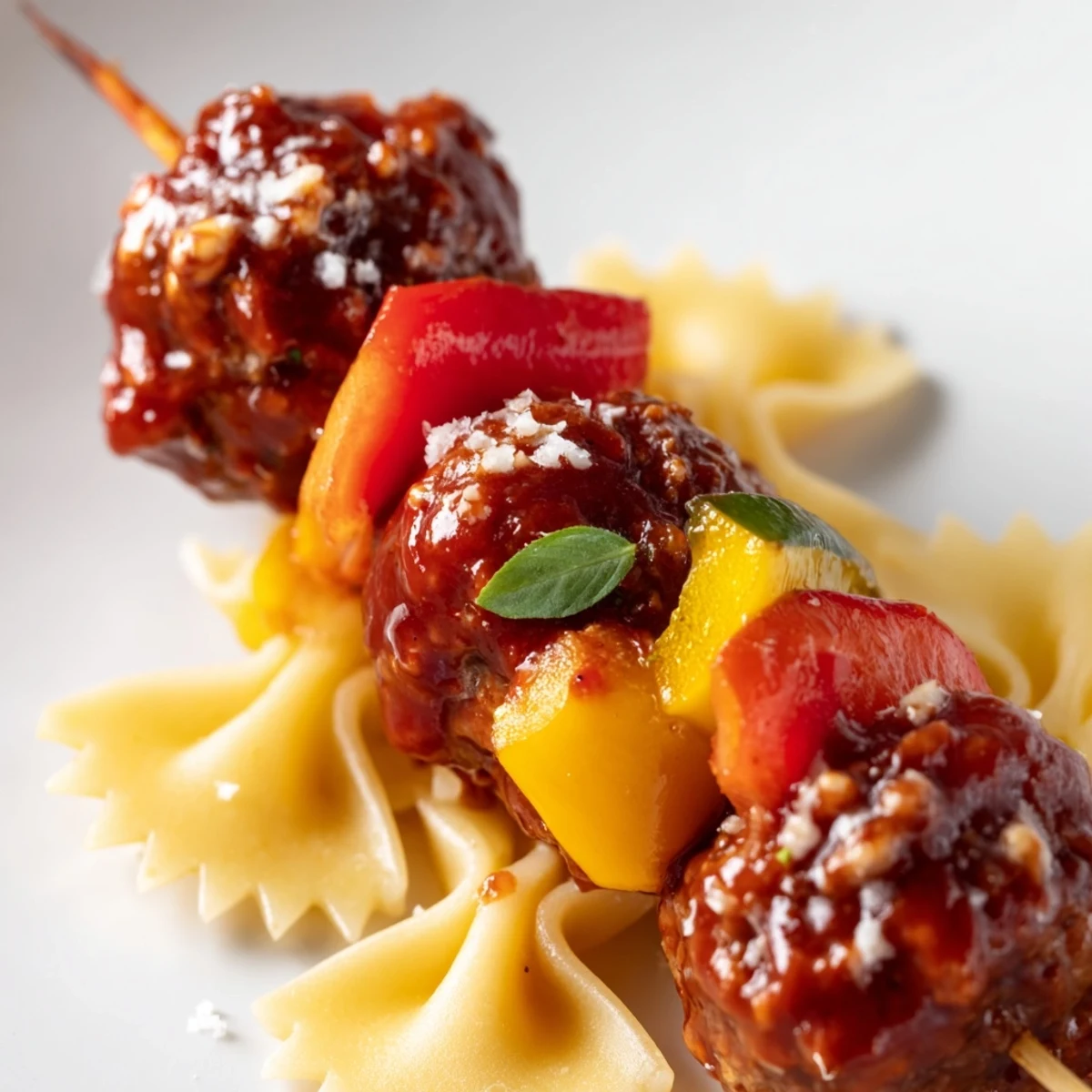 Colorful bowtie pasta and cocktail meatball skewers drizzled with sauce on a platter