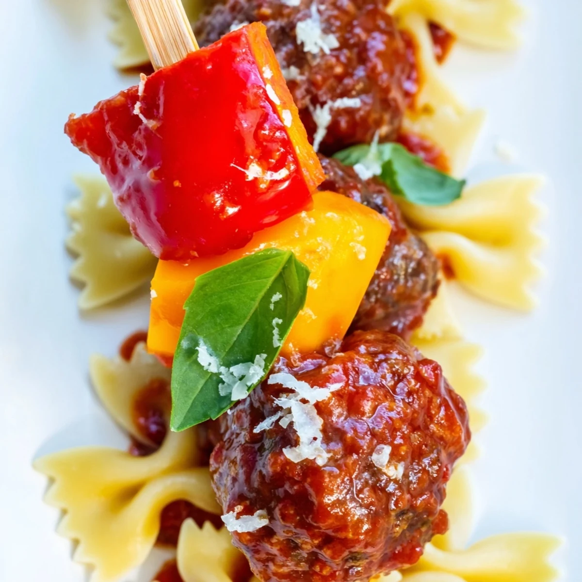 Juicy cocktail meatballs alternating with bowtie pasta and crisp peppers on wooden skewers