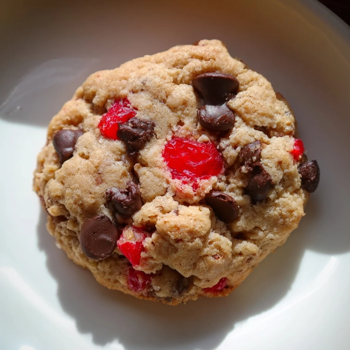 Golden maraschino cherry chocolate chip cookies fresh from the oven with gooey chocolate centers