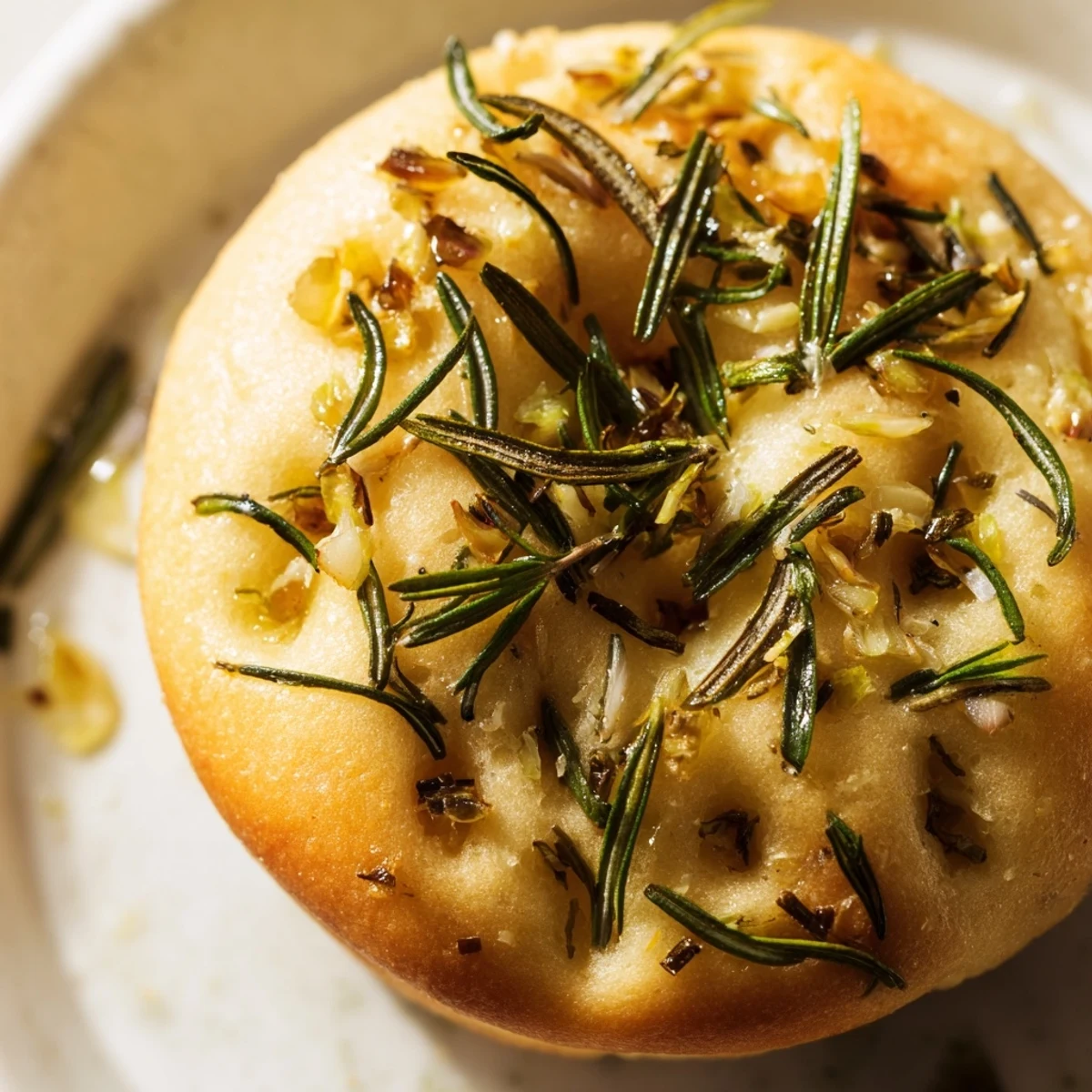 Warm garlic rosemary focaccia muffins drizzled with olive oil and sprinkled with flaky sea salt