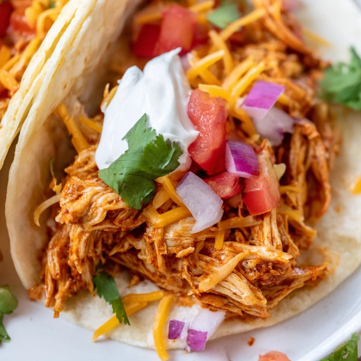 Juicy slow cooker shredded chicken tacos topped with melted cheese and fresh cilantro