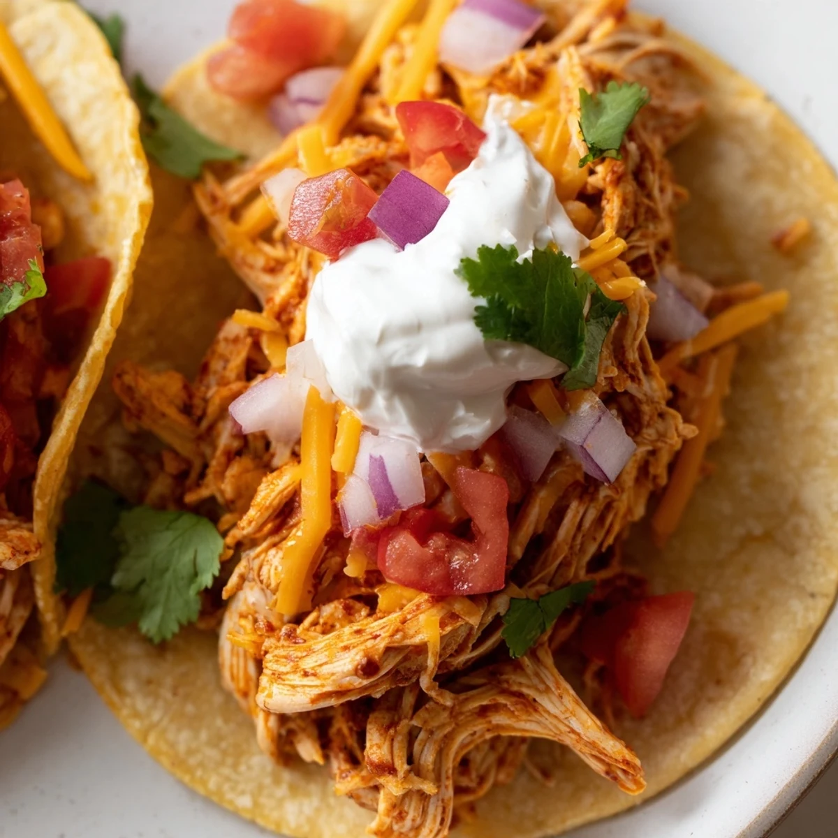 Crispy taco shells stuffed with tender slow cooker shredded chicken tacos and colorful garnishes