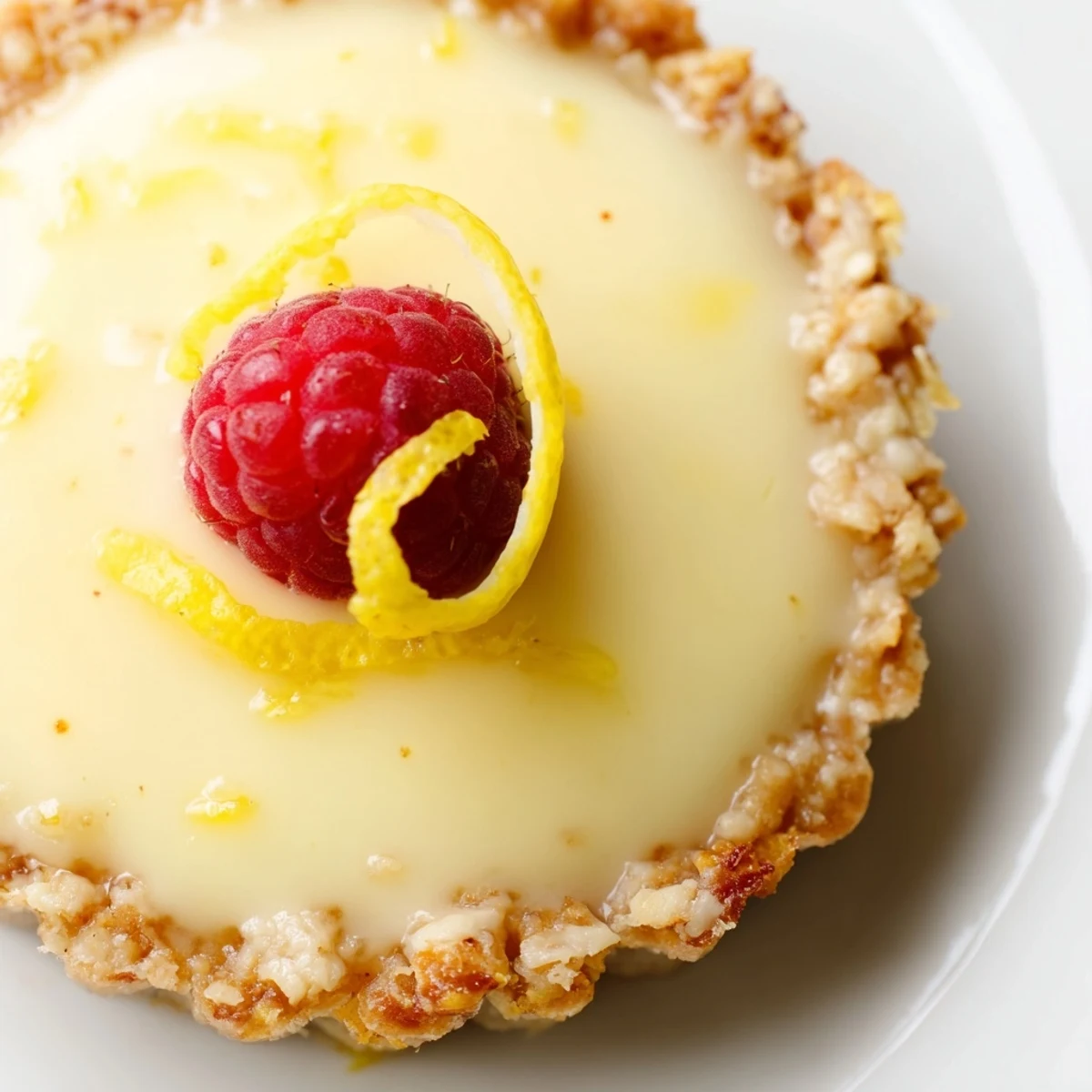 Golden mini vegan lemon tarts topped with fresh berries on a rustic wooden serving board