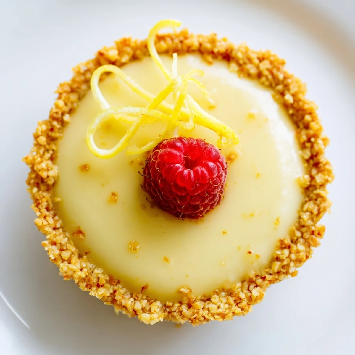 Creamy mini vegan lemon tarts in crisp almond crusts garnished with delicate lemon zest