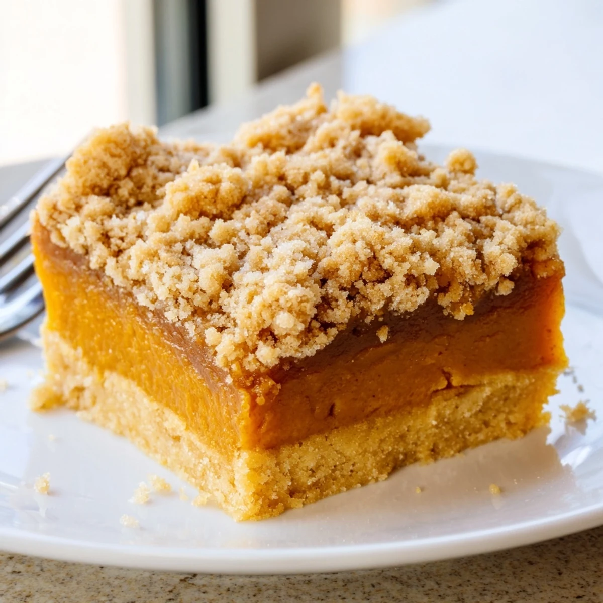 Golden brown sugar maple pumpkin butter bars with a crumbly streusel topping on a rustic cutting board