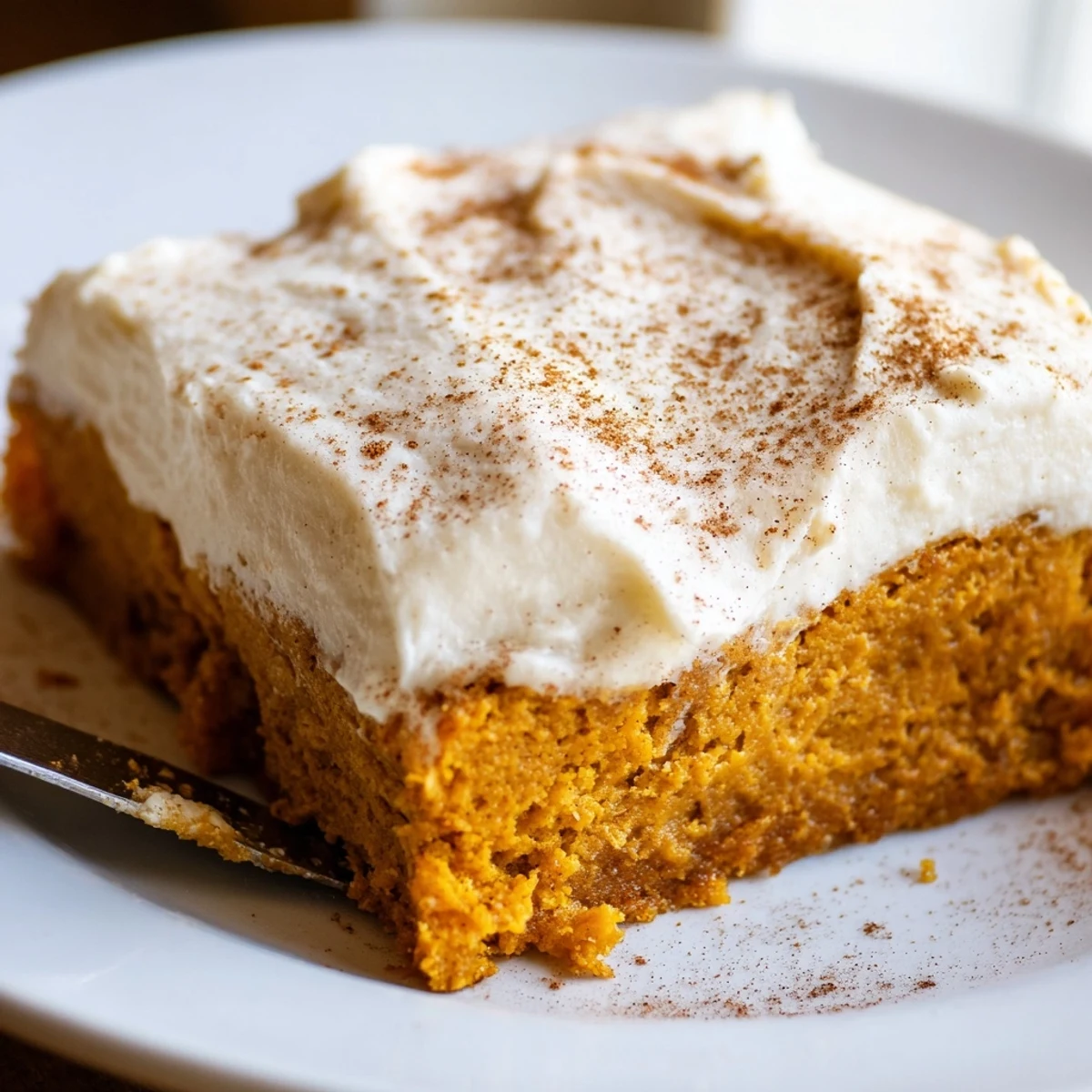 Thick swirls of cream cheese frosting spread over golden spiced pumpkin bars with cinnamon