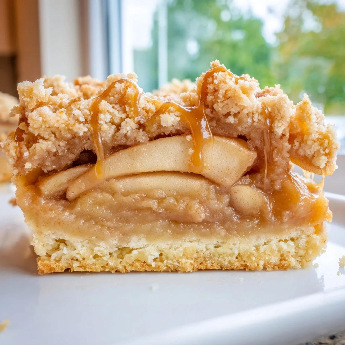 Chewy caramel apple crumb bars drizzled with extra sauce on a rustic plate