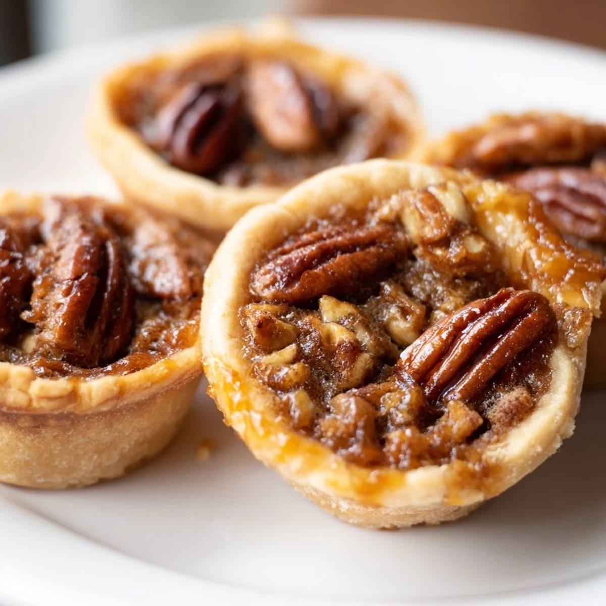 Golden mini pecan pies fresh from the oven with gooey caramelized filling