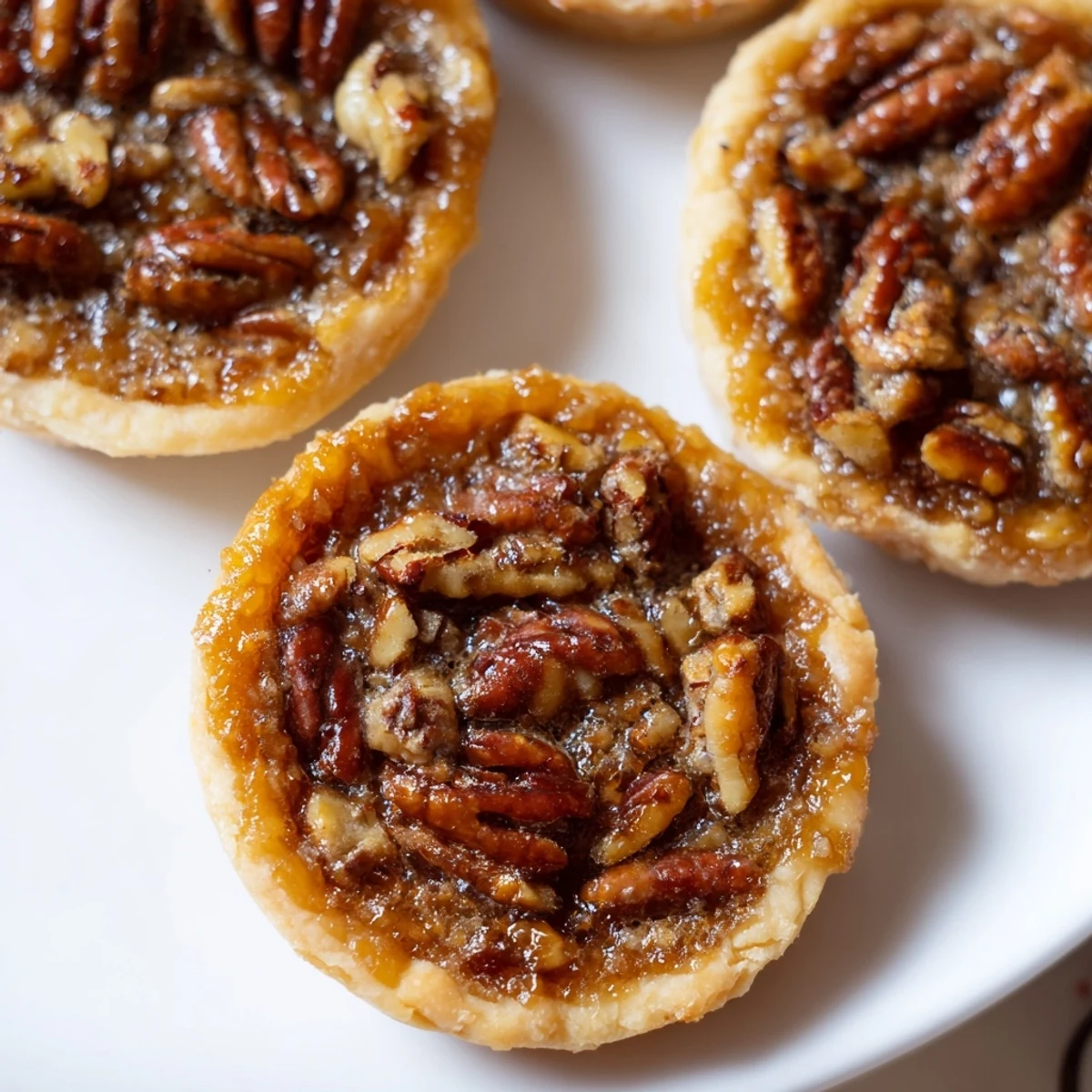 Bite-sized mini pecan pies arranged on a rustic holiday dessert platter
