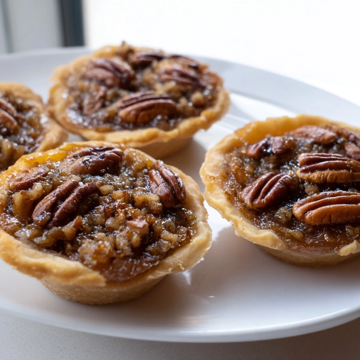 Homemade mini pecan pies topped with toasted nuts and flaky buttery crusts