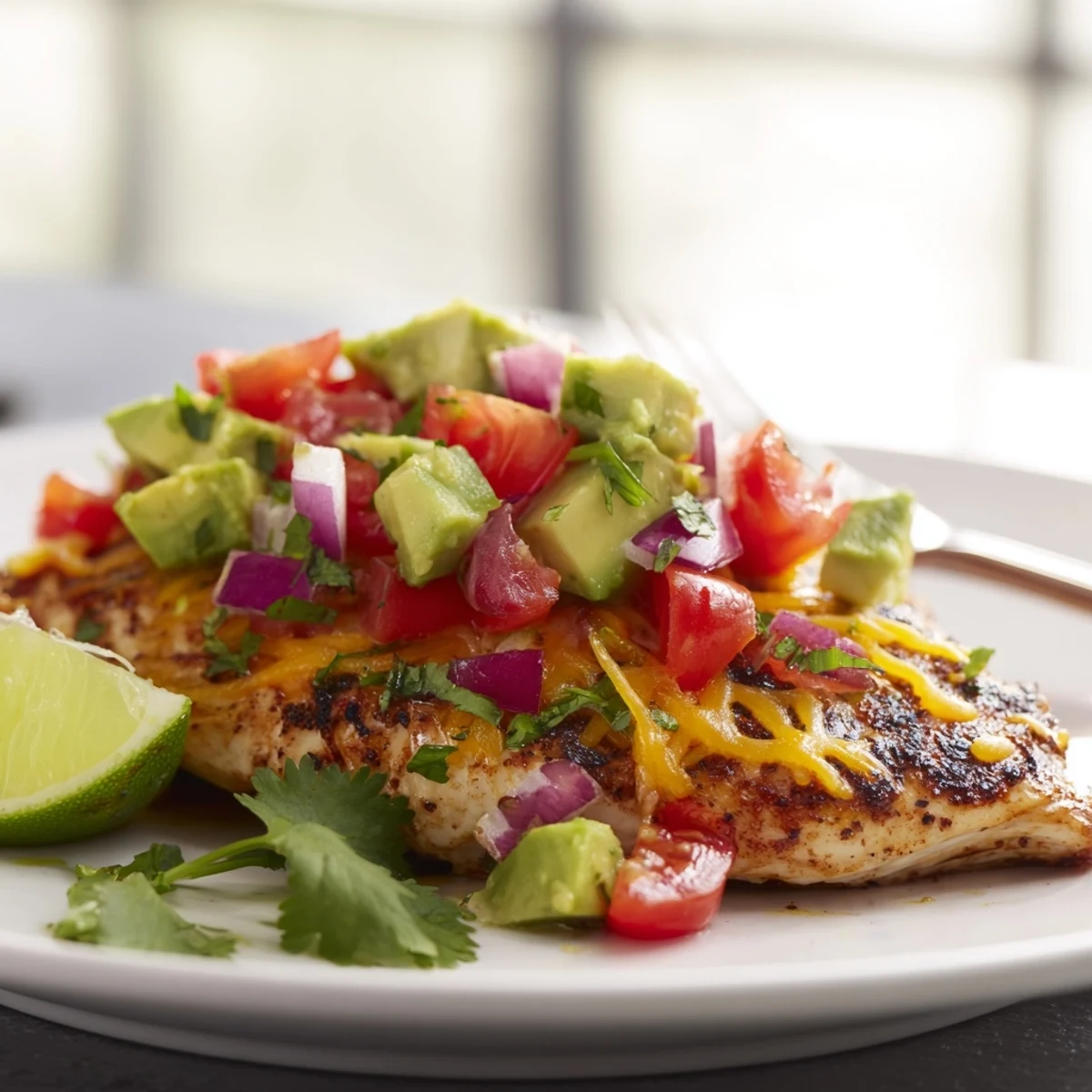 Sizzling fiesta lime chicken garnished with creamy avocado and fresh cilantro on a plate