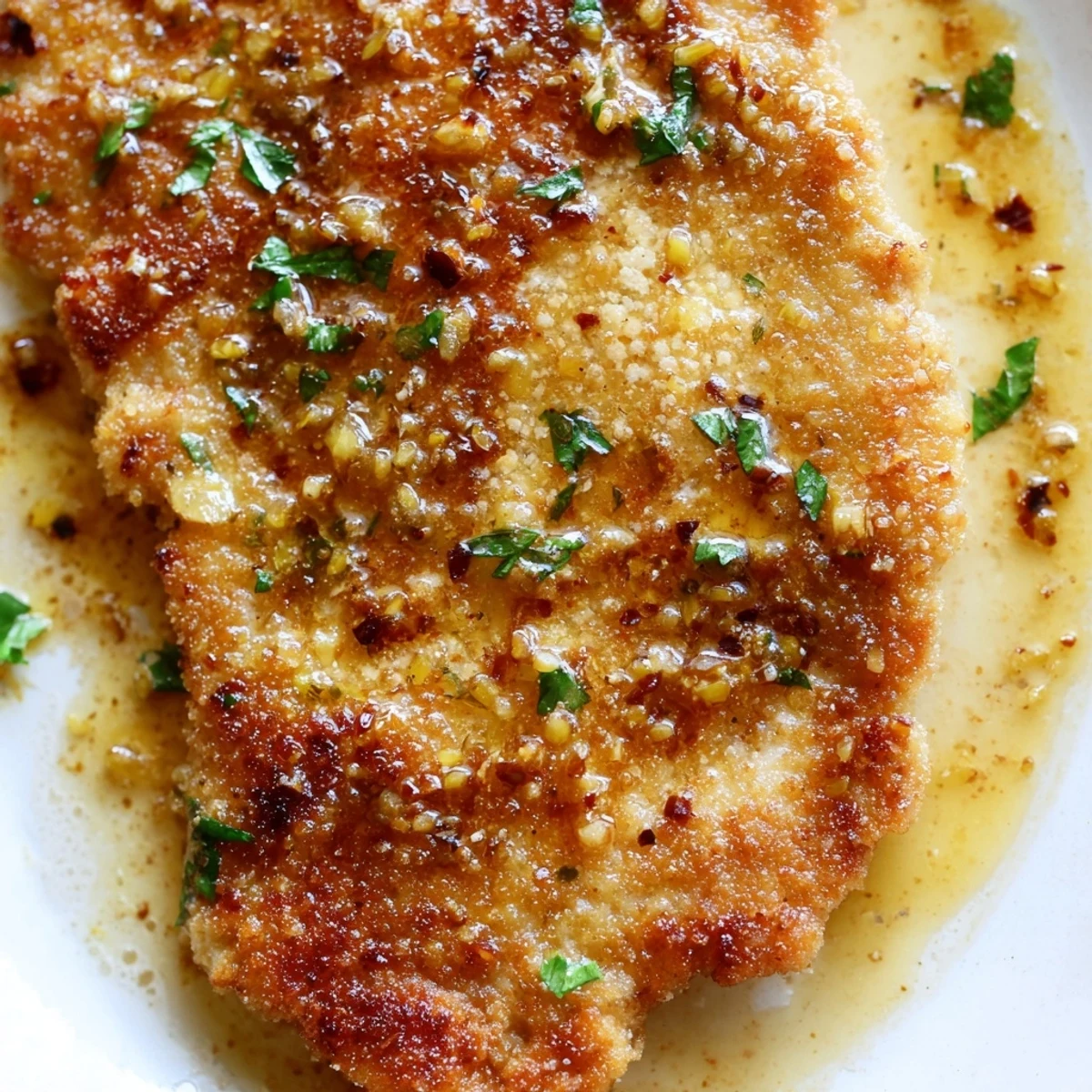 Crispy-skinned lemon garlic butter chicken plated with a bright lemon butter drizzle and herbs
