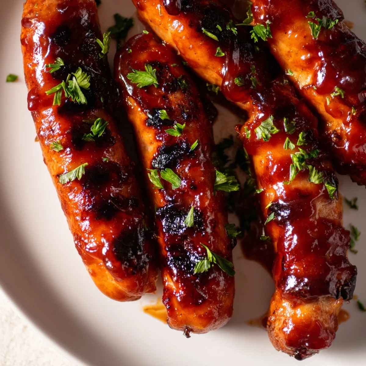 Juicy grilled sausages coated in sticky caramelized BBQ sauce on a platter