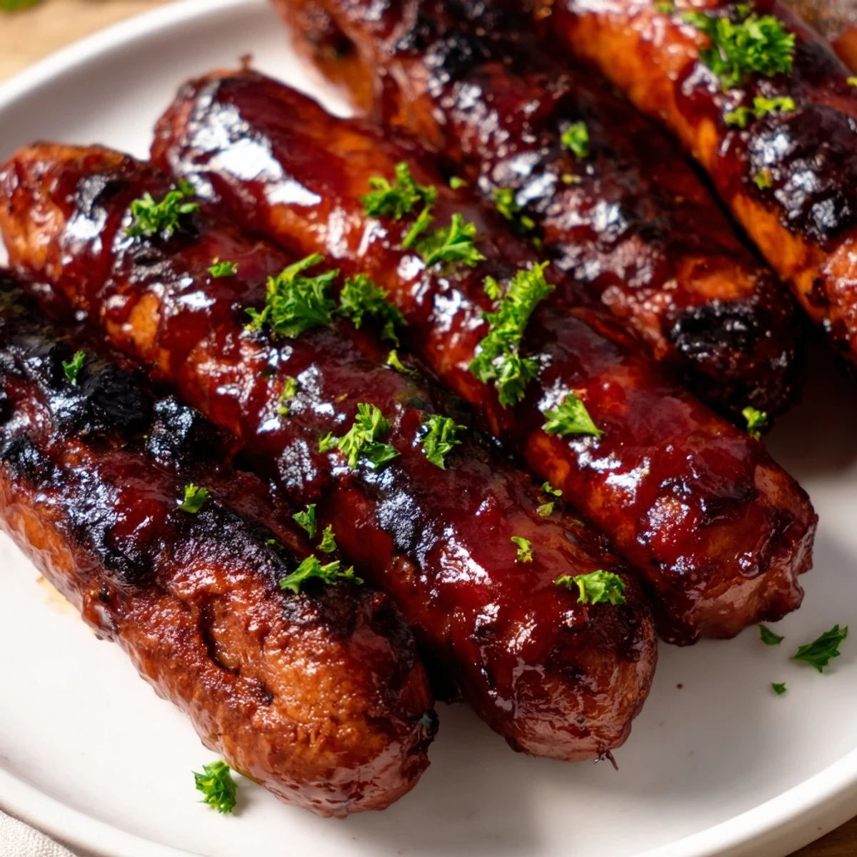 BBQ sausage recipe served in toasted buns with pickles and parsley