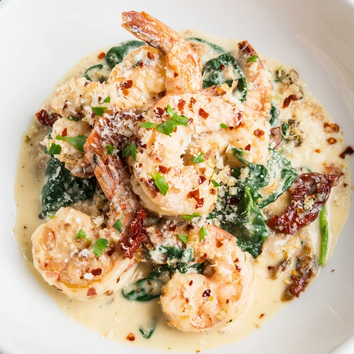 Golden seared shrimp nestled in a rich Parmesan cream sauce with sun-dried tomatoes and wilted spinach for Keto Creamy Tuscan Shrimp
