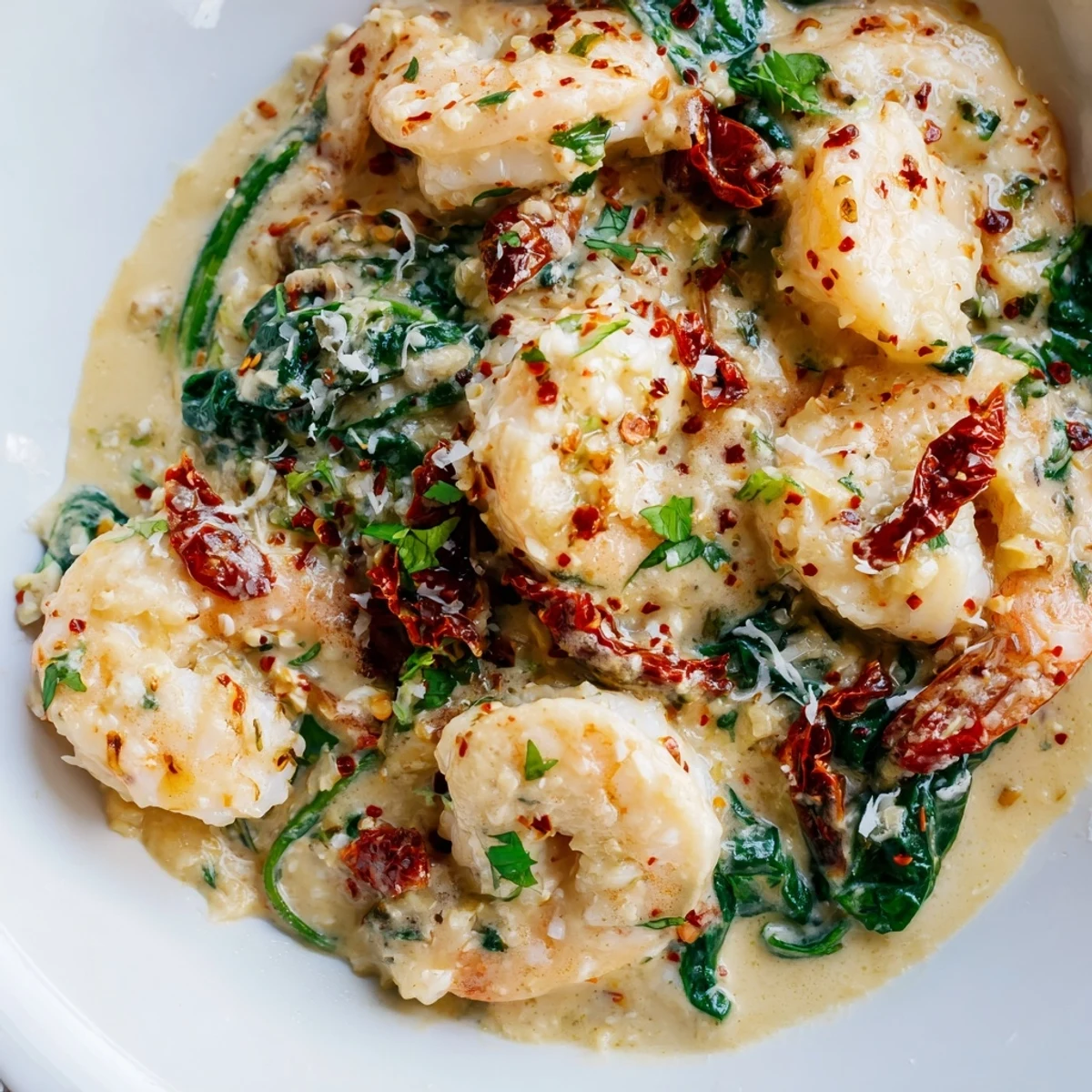 A skillet of Keto Creamy Tuscan Shrimp draped in garlic cream sauce and garnished with fresh chopped parsley