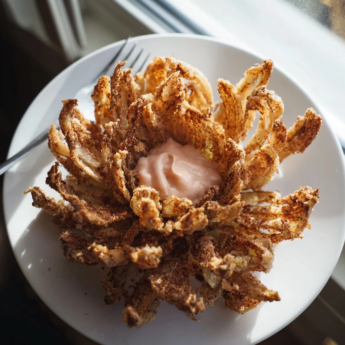 Golden crispy mini bloomin onions recipe served with creamy spicy dipping sauce