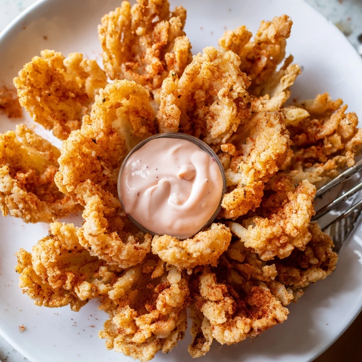 Deep-fried mini bloomin onions recipe with crunchy petals arranged on a platter