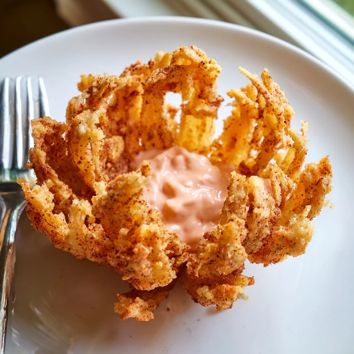 Crispy mini bloomin onions recipe resting on paper towels alongside tangy horseradish sauce