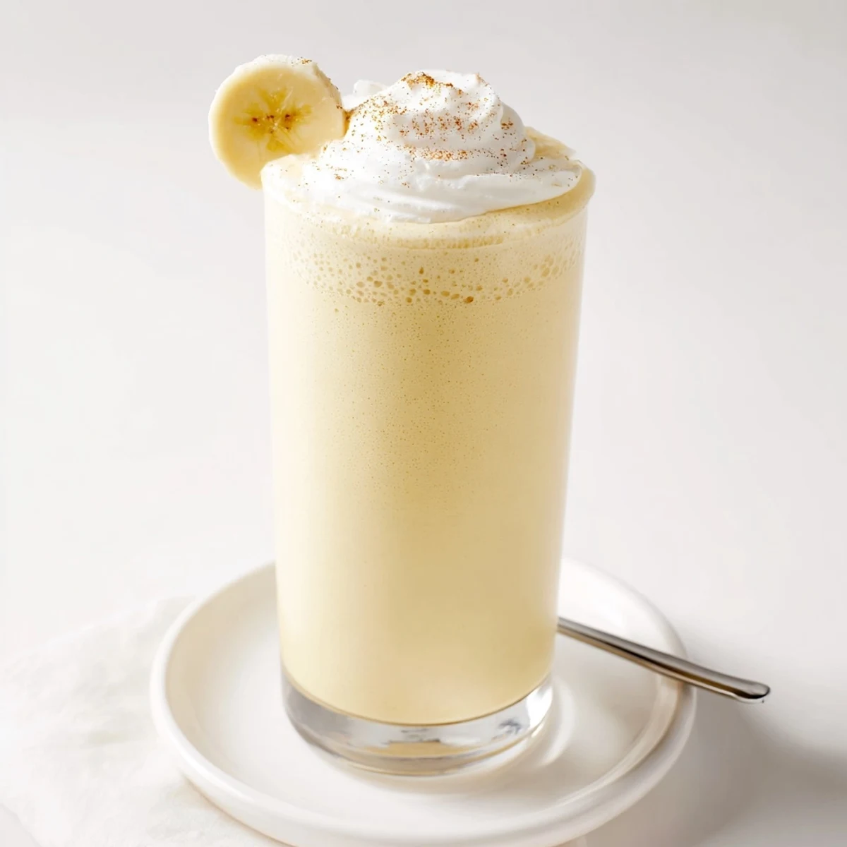 Frothy Vanilla Banana Shake in chilled glass, topped with banana slices