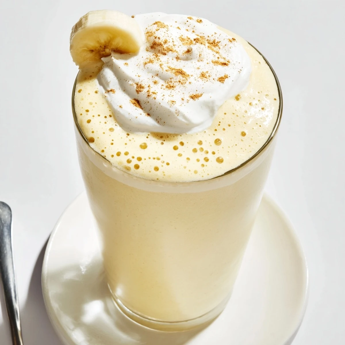 Cold Vanilla Banana Shake poured beside straw, whipped cream crown optional