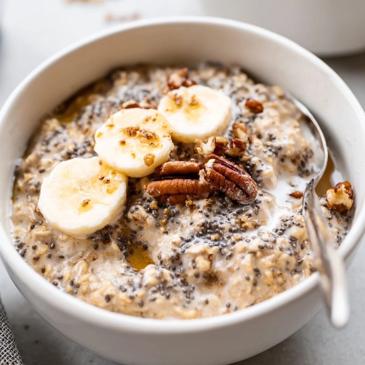 Creamy Brown Sugar Coffee Overnight Oats topped with banana and toasted nuts