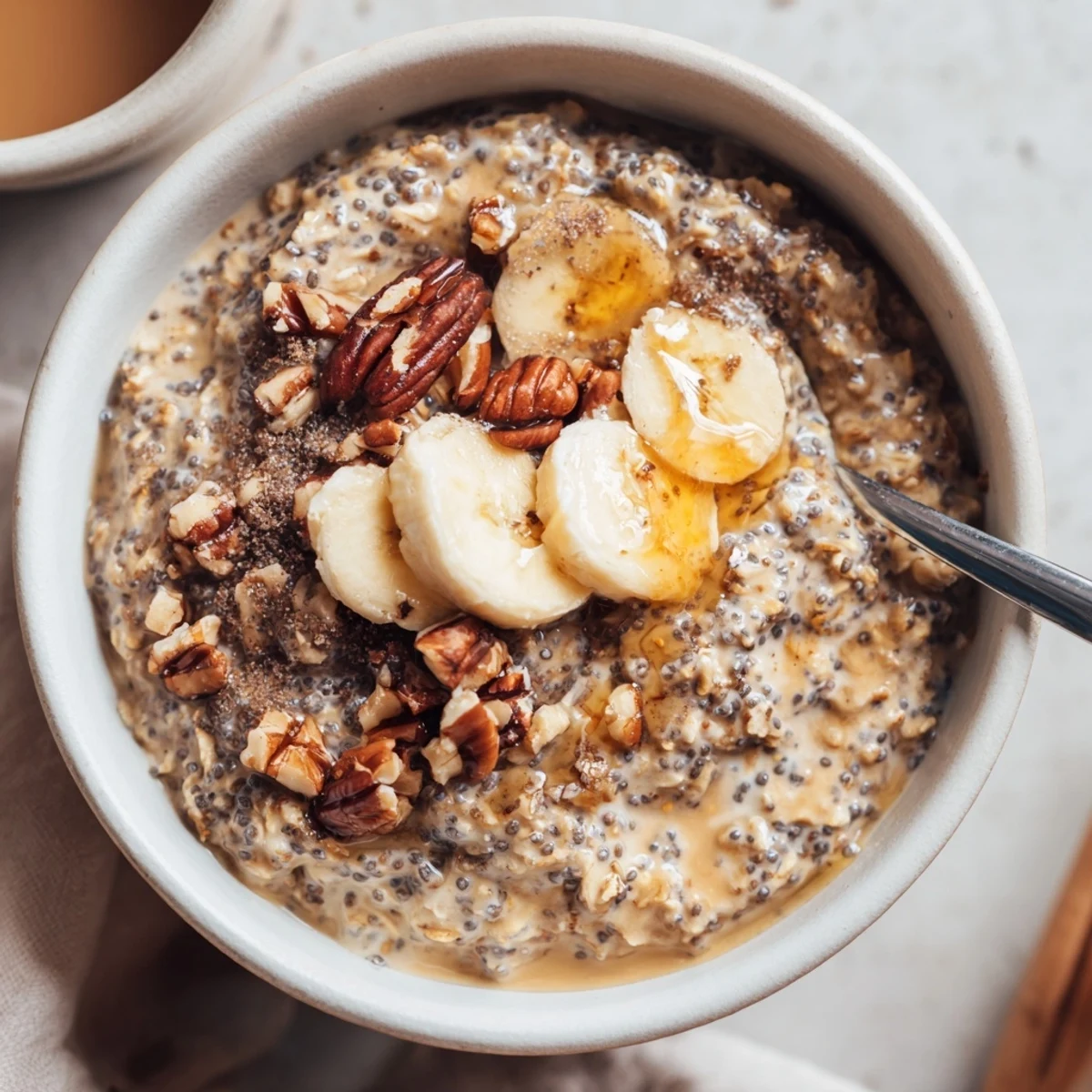 Chilled Brown Sugar Coffee Overnight Oats in mason jar, topped with toasted pecans