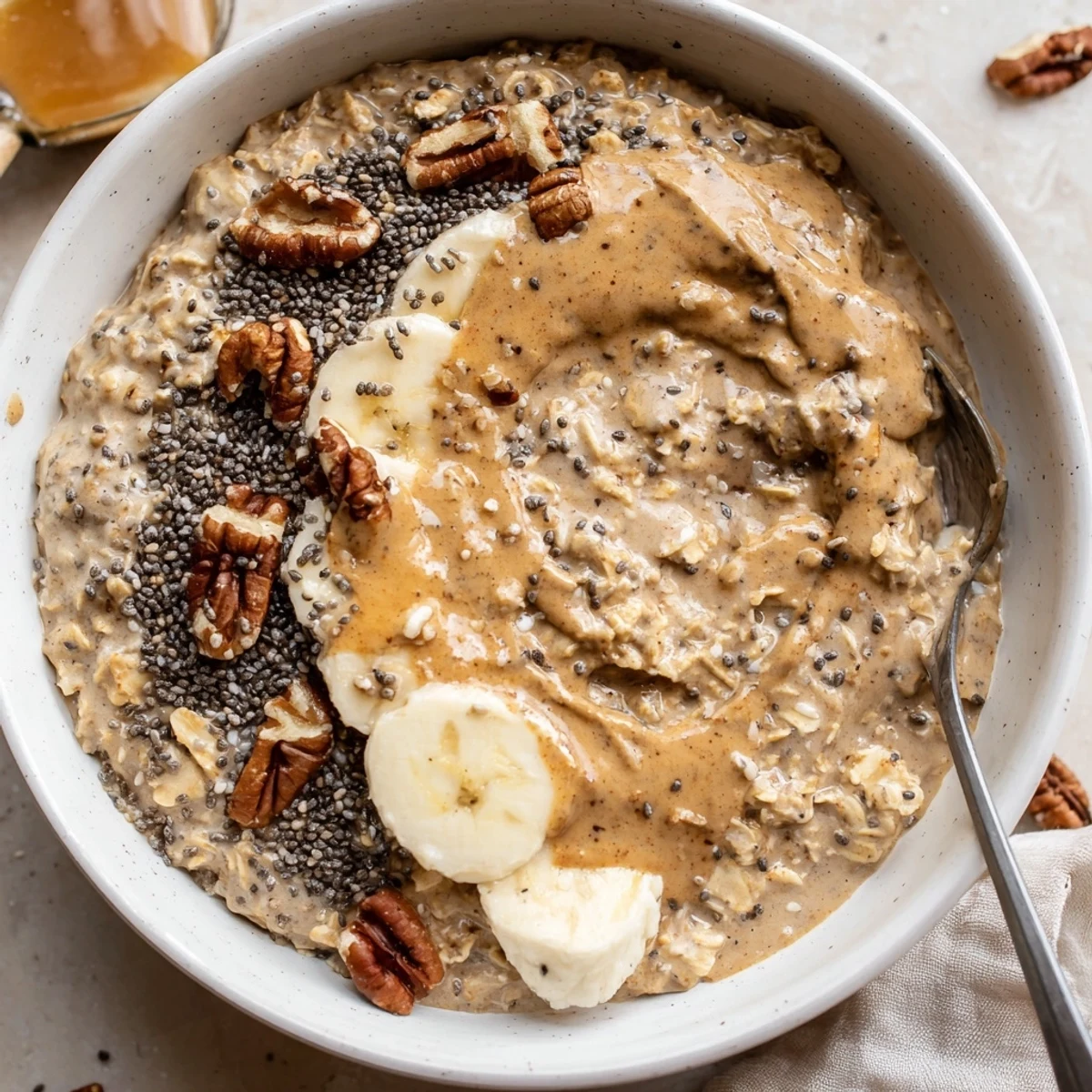 Velvety Brown Sugar Coffee Overnight Oats prepped ahead, fragrant coffee and vanilla notes