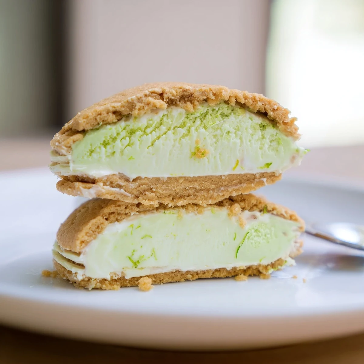 Key Lime Pie Ice Cream Sandwiches with creamy tart filling and crisp graham cookies