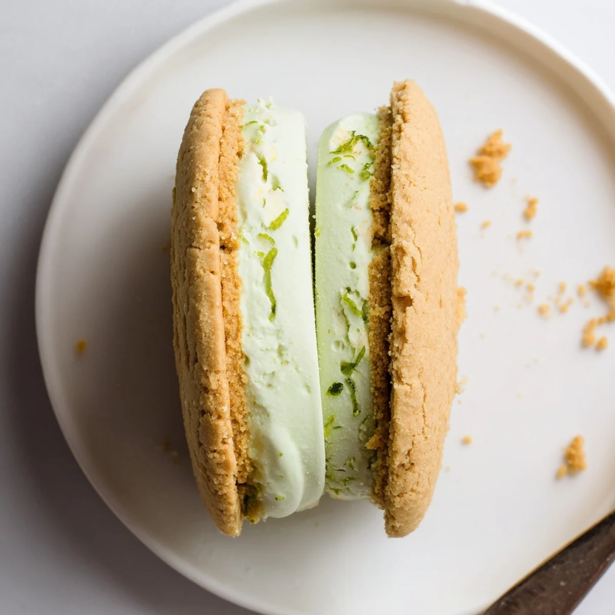 Chilled Key Lime Pie Ice Cream Sandwiches, bright lime zest peeking between golden cookies