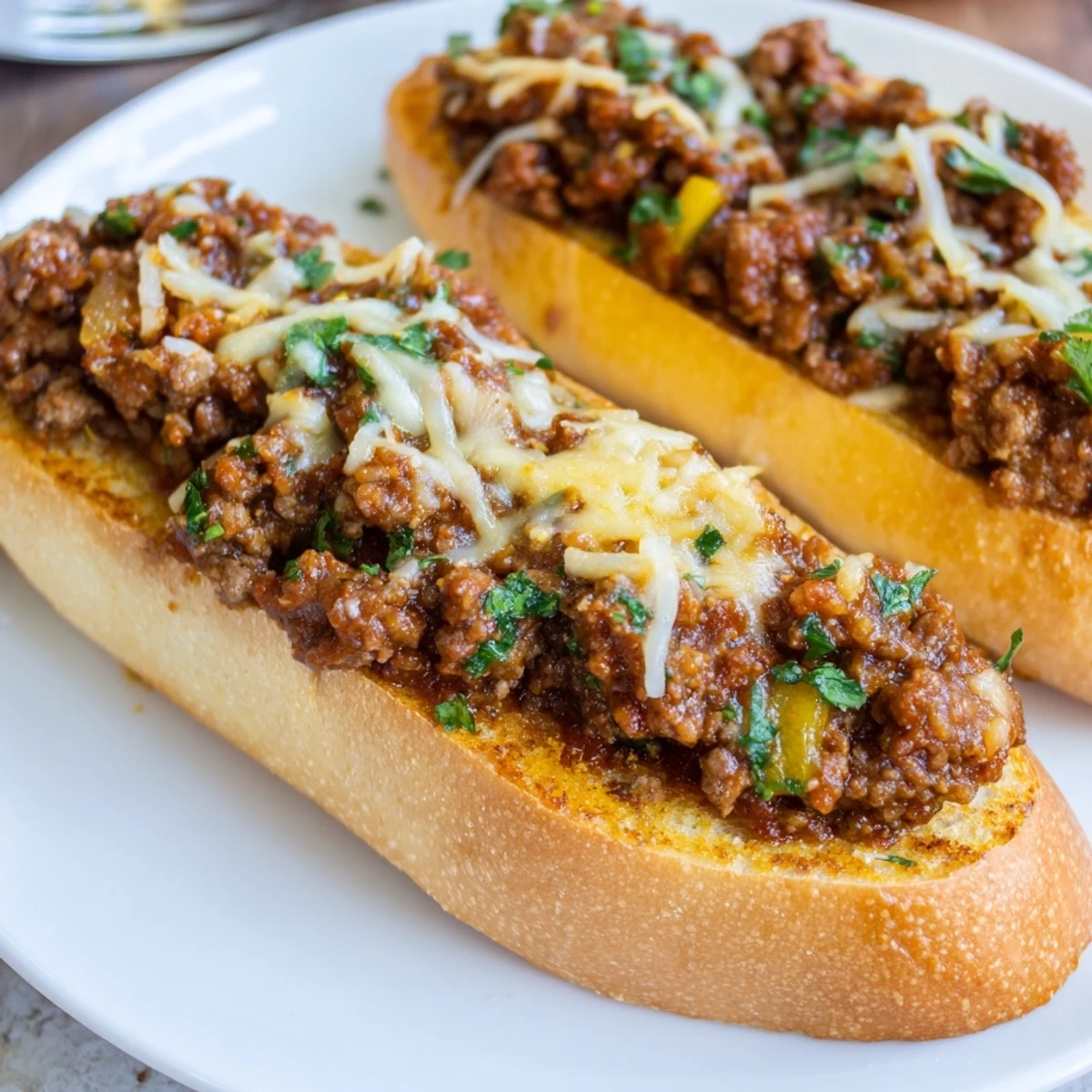 Garlic Bread Sloppy Joes piled high with saucy beef and melted cheese